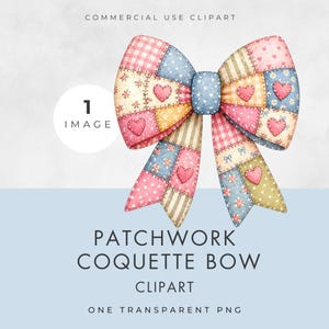Könnte beinhalten: Aquarell-Illustration einer Patchwork-Coquette-Schleife. Die Schleife besteht aus verschiedenen Stoffquadraten in Rosa, Blau, Gelb und Grün, mit Herz- und Blumendetails. Der Text "PATCHWORK COQUETTE BOW CLIPART" befindet sich unter der Schleife.