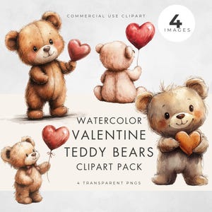 Lindo osito de peluche de San Valentín, clipart, licencia comercial, PNG transparente, corazón de oso pardo, diseños para baby shower y día de San Valentín, acuarela
