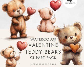 Aquarell Valentine Teddy Bär Clipart, Braunbär Herz (PNG Digital Download)
