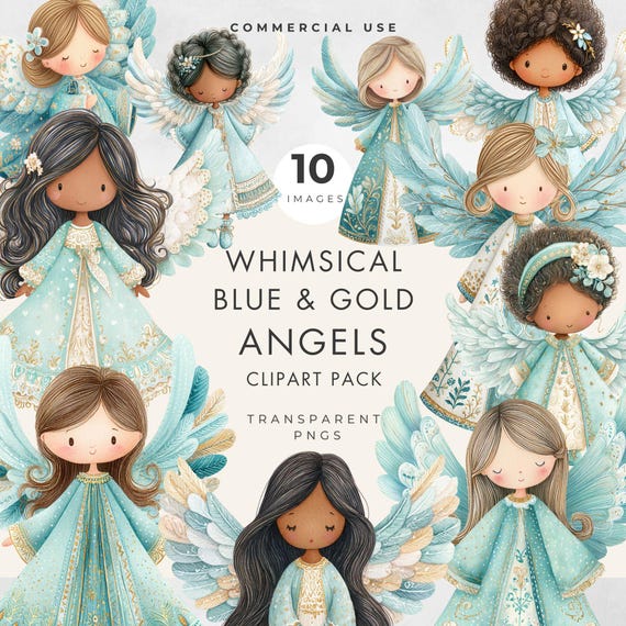 Clipart Pack - Whimsical Blue & Gold Angels, Christmas Angel PNGs, Cute Digital Illustrations for Crafts and Invitations