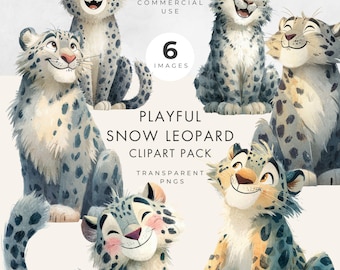 Paquete de imágenes prediseñadas de leopardo de las nieves: animales PNG divertidos, uso comercial, fondo transparente.