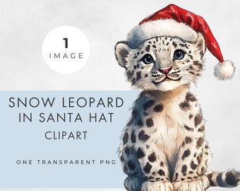 May include: A digital illustration of a snow leopard cub wearing a red and white Santa hat. The text reads: COMMERCIAL USE CLIPART, 1 IMAGE, SNOW LEOPARD IN SANTA HAT CLIPART, ONE TRANSPARENT PNG. The cub has dark spots and blue eyes.