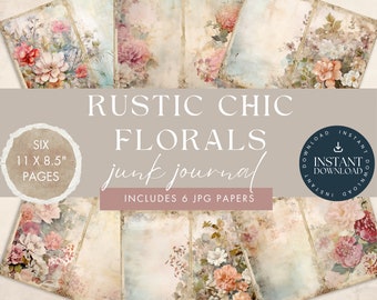 May include: Six digital papers featuring vintage floral designs in shades of pink, white, and green. The papers are perfect for creating junk journals, scrapbooking, or other paper crafts. The papers are 11 inches by 8.5 inches.