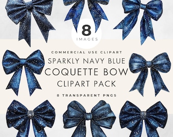Navy Blue Bow Clipart, Commercial Use, Transparent PNGs, Sparkly Faux Glitter Coquette, Ribbon Clip Art, Wedding, Shower, Birthday Bows