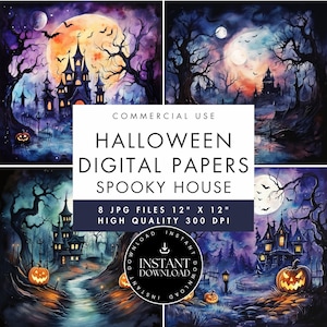 Halloween Scene Digital Papers, JPG INSTANT DOWNLOAD, Watercolor Spooky Haunted House, Scrapbooking, Card Invite Backgrounds, Junk Journal