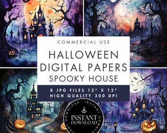 Halloween Aquarell Papiere: Spooky Haunted House (JPG Sofortdownload)
