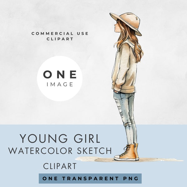 Teen Girl Clipart, SINGLE IMAGE, Commercial Use License, Transparent PNG, Watercolor Sketch Illustration, Young Woman, Digital Download