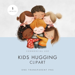 Kids Hugging Kids Clipart, SINGLE IMAGE, Commercial License, Transparent PNG, Hug, Watercolor Happy Friends, Multinationality Children