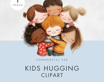 Kids Hugging Kids Clipart, SINGLE IMAGE, Commercial License, Transparent PNG, Hug, Watercolor Happy Friends, Multinationality Children