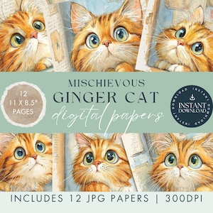 Op de afbeelding: Digitale papier set met aquarel illustraties van rode katten met grote ogen. De afbeelding bevat de tekst "Mischievous Ginger Cat digital papers" en "Includes 12 JPG papers | 300 DPI". De set bevat 12 pagina's, elk 27,9 x 21,6 cm.