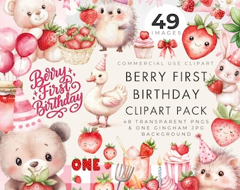 Berry First Birthday Clipart, Commercial Use, Transparent Pngs, Strawberry, Girl 1st Party, Berry Sweet, Baby Shower, Watercolor Bears, Bows