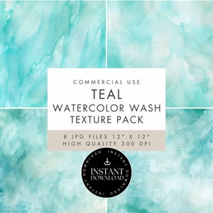 Watercolor Texture Digital Pages, Teal Blue Backgrounds, JPG INSTANT DOWNLOAD, Turquoise Washes for Paper Crafts, Junk Journal & Card Making