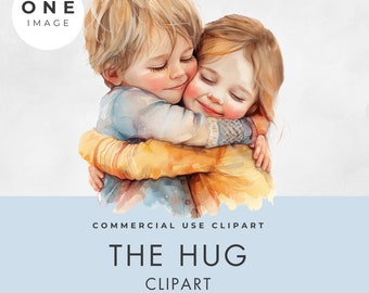 Kids Hugging Clipart, SINGLE IMAGE, Commercial License, Transparent PNG, Watercolor, Girl Boy Children Hug, Child, Instant Download