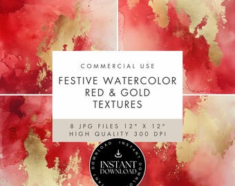 Red & Gold Watercolor Washes, Digital Background Textures, JPG INSTANT DOWNLOAD, Scrapbooking,  Junk Journal, Paper Craft, Commercial Use