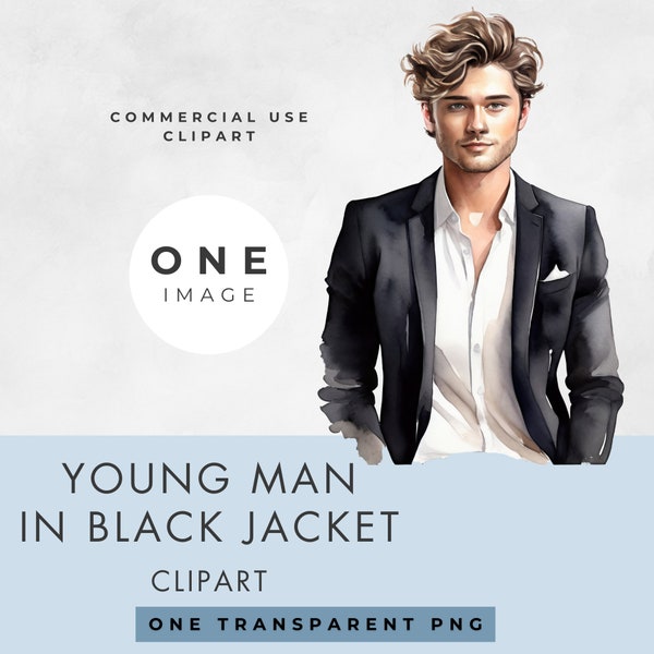 Young Man Clipart, SINGLE IMAGE, Commercial Use, Transparent PNG, Handsome Male in Suit, Watercolor, Guy in Jacket, Instant Digital Download