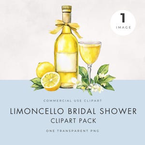 Clipart de despedida de soltera con limoncello, imagen única, botella de limón con vaso, acuarela amarilla PNG, gráfico de boda cítrica, uso comercial