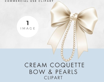 Pearls and Cream Coquette Bow Clipart, SINGLE IMAGE, Commercial Use, Digital Transparent PNG, for Bridal Shower Birthday & Party Designs