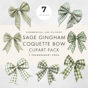 Salbei Gingham Coquette Schleife Clipart, kommerzielle Nutzung, transparente PNGs, Band Clip Art, Picknick-Babyparty-Grafik, Journaling, Mischtechnik