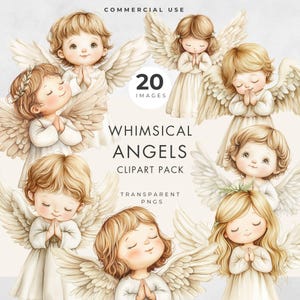 Puede incluir: Un paquete de imágenes prediseñadas digitales con ilustraciones de ángeles caprichosos con alas de plumas, vestidos con túnicas blancas y con las manos juntas en oración. El texto dice "Whimsical Angels Clipart Pack" y "20 Images".