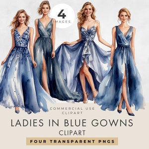 Robe bleue Clipart, tout usage, PNG Transparent, élégantes jeunes femmes, dames en robes bleues, aquarelle robes filles, téléchargement numérique