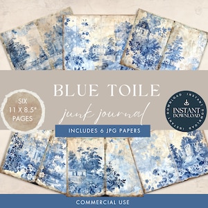 Blue Toile Junk Journal, Digital Paper, INSTANT DOWNLOAD, Floral 6 Pages, Scrapbooking, Printable Ephemera, Paper Craft 11 x 8.5