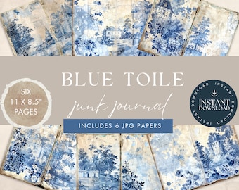 May include: Six 11 x 8.5 inch pages of blue toile patterned paper with a distressed, vintage look. The pages are perfect for junk journaling or other paper crafts.  Includes 6 JPG papers.  Instant download.  Commercial use.
