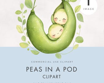 2 Peas in a Pod Clipart, Commercial Use, SINGLE IMAGE, Transparent PNG, Cartoon Vegetables, Cute Baby Shower & Kids Party Graphics, Nursery