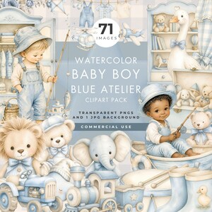 Blå Baby Boy Atelier Clipart, Barnkammardjur, Leksaker, Kläder, Baby Shower-grafik, Kommersiellt bruk