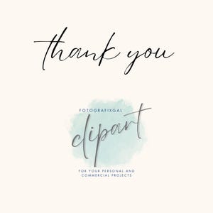 K&ouml;nnte beinhalten: Digitalgrafik mit den Worten "thank you" in eleganter schwarzer Schrift. Darunter steht das Wort "clipart" in einer stilvollen Schriftart, mit dem Namen "FOTOGRAFIXGAL" dar&uuml;ber und einem Slogan darunter.