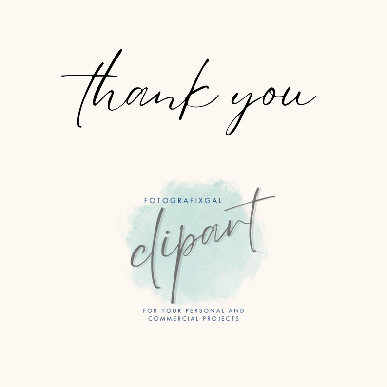 K&ouml;nnte beinhalten: Digitalgrafik mit den Worten "thank you" in eleganter schwarzer Schrift. Darunter steht das Wort "clipart" in einer stilvollen Schriftart, mit dem Namen "FOTOGRAFIXGAL" dar&uuml;ber und einem Slogan darunter.