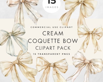 Coquette crème, clipart noeud, 15 images, usage commercial, PNG transparents, aquarelle, clipart ruban beige, mariage, douche, anniversaire