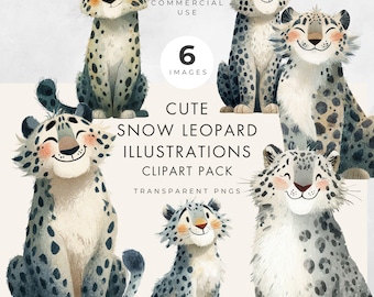 Paquete de imágenes prediseñadas de leopardo de las nieves: animales adorables, uso comercial, fondo PNG transparente