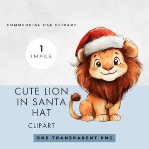 Leão fofo com chapéu de Papai Noel Clipart, IMAGEM ÚNICA, Uso comercial, PNG transparente, Natal, Design de chá de bebê, Selva, Livro de histórias, Berçário