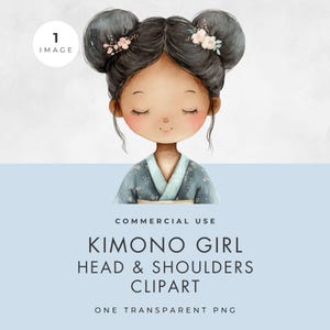 Chica en kimono, cabeza y hombros, clipart, IMAGEN ÚNICA, uso comercial, PNG transparente, cara bonita en acuarela, manualidades de papel, scrapbooking