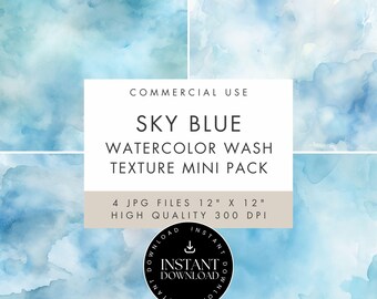 Sky Blue Watercolor Wash Texture 4 Digital Papers, Soft Pastel Backgrounds, JPG INSTANT DOWNLOAD, Scrapbooking, Invites, Cards, Junk Journal