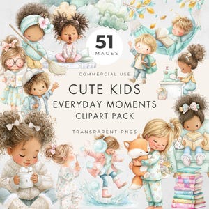Paquete de imágenes prediseñadas infantiles: ilustraciones en acuarela de momentos cotidianos, 51 archivos PNG con fondo transparente, uso comercial.