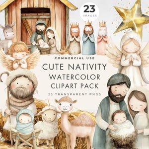 Nativity Scene Watercolor Clipart, Commercial Use, Transparent PNG, Religious Christmas, Baby Jesus Birth,  Mary, Joseph Shepherd, 3 Kings