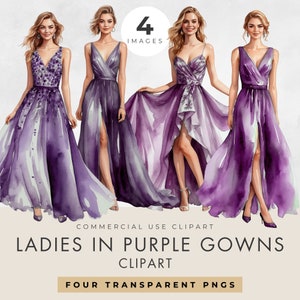 Clipart vestito viola, uso commerciale, PNG trasparente, giovani donne eleganti, signore in abiti malva, abiti acquerello, download digitale
