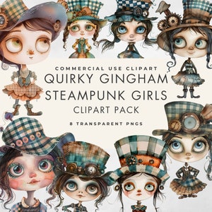 May include: Eight digital illustrations of steampunk girls with gingham patterns and gears. The girls are wearing various hats and dresses with a whimsical and quirky style.