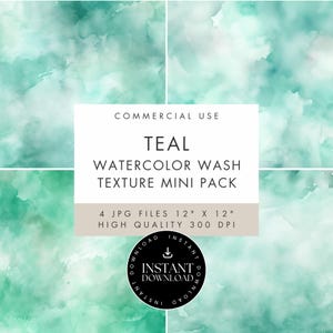 Teal Watercolor Wash Texture 4 Digital Papers, Turquoise Green Backgrounds, JPG INSTANT DOWNLOAD, Scrapbooking, Paper Crafts, Junk Journal