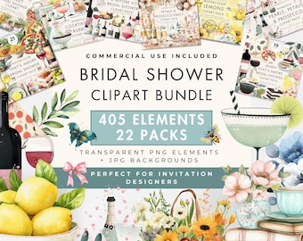 Bridal Shower Clipart Bundle – 405 Watercolor PNG Elements & JPG Backgrounds for Designers, Commercial Use