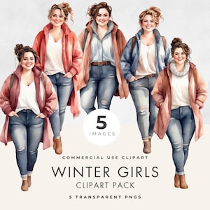 Clipart hiver adolescentes, usage commercial, PNG transparent, illustration aquarelle, jeunes femmes, livre de contes, travaux manuels en papier, scrapbooking