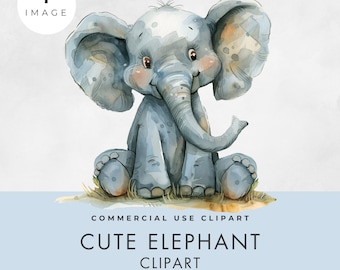 Cute Elephant Watercolor Clipart, SINGLE IMAGE, Commercial Use, Transparent PNG, Baby Shower, Safari, Jungle, Nursery, Digital Download