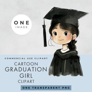 Graduation Girl Clipart, SINGLE IMAGE, Commercial Use, Transparent PNG, Cartoon, Watercolor Illustration, Whimsical,  Instant Download