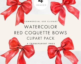 Paquete de imágenes prediseñadas de lazos coquetos rojos en acuarela – 4 imágenes PNG transparentes, uso comercial.