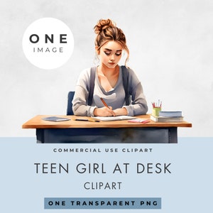 Tienermeisje clipart, ENKELE AFBEELDING, licentie voor commercieel gebruik, transparante PNG, aquarel, tiener aan bureau schrijven, instant digitale download