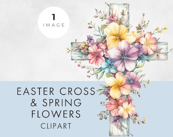 Easter Cross Clipart, SINGLE IMAGE, Commercial Use, Transparent PNG, Spring Flowers, Floral, Christian Clip Art, Card Making, Paper Crafts