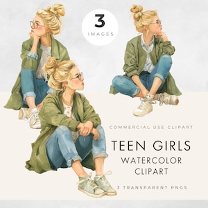 Imágenes prediseñadas de chicas adolescentes, uso comercial, 3 PNG transparentes, mujer con gafas, ilustración de acuarela de cuento, diseño educativo, manualidades de papel