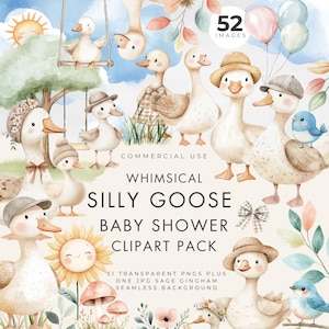 Könnte beinhalten: Eine digitale Clipart-Sammlung mit Aquarellillustrationen von Gänsen, Entenküken und Vögeln mit Accessoires. Der Text lautet: 52 IMAGES, COMMERCIAL USE, WHIMSICAL SILLY GOOSE BABY SHOWER CLIPART PACK, 51 TRANSPARENT PNGS PLUS ONE JPG SAGE GINGHAM SEAMLESS BACKGROUND.