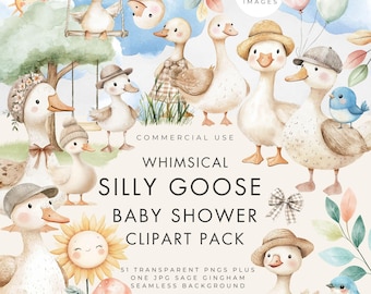 Silly Goose Clipart, Commercial Use, Transparent PNGS, Birthday Party & Baby Shower Spring Clip Art, Whimsical Watercolor, Gingham, Nursery